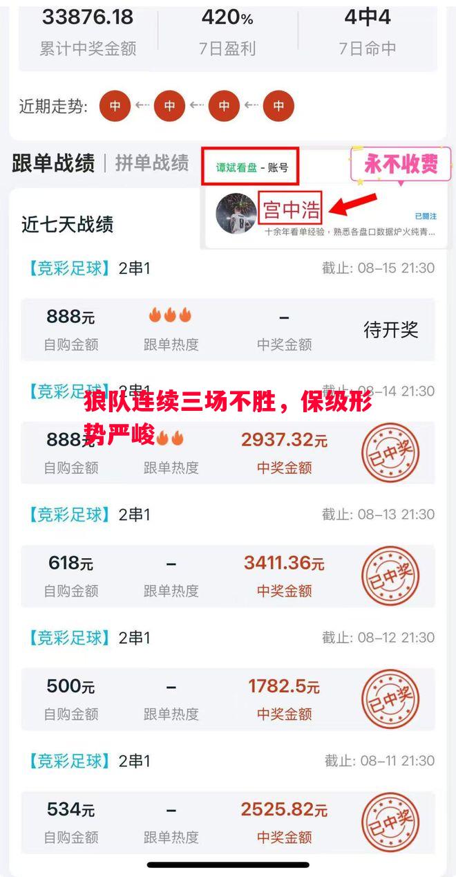 狼队连续三场不胜，保级形势严峻