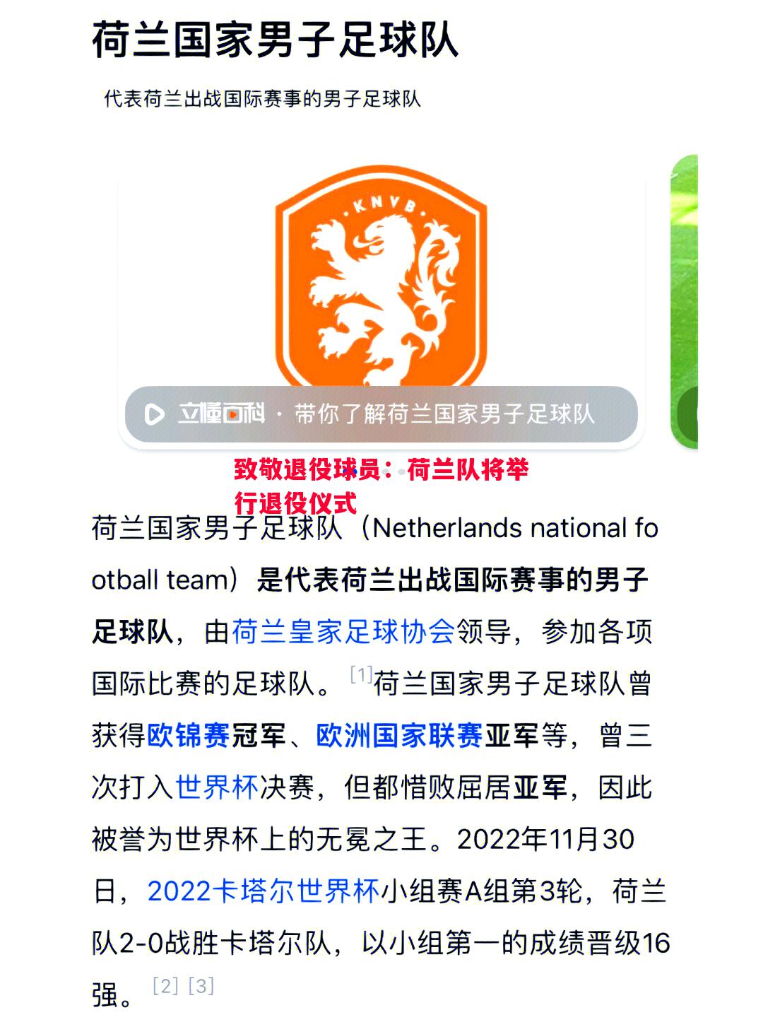 致敬退役球员：荷兰队将举行退役仪式